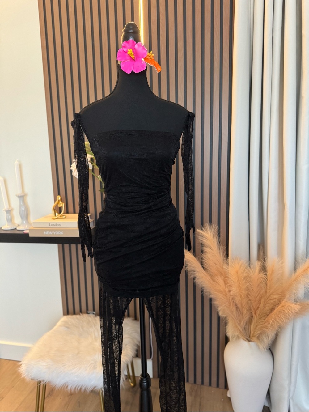 Sheer Lace Strapless Bodysuit Mini Dress - Black